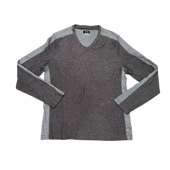 Men's Alfani Large 42 - 44 V-Neck Shirt Brown Beachnut Long Sleeve Textured - Picture 3 of 7